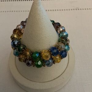 Multicolored Faceted Rhinestone Gold Tone Stretch Bracelet